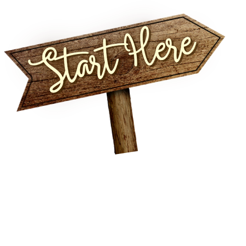 Wood arrow sign pointing to the right with the words "Start Here" on it